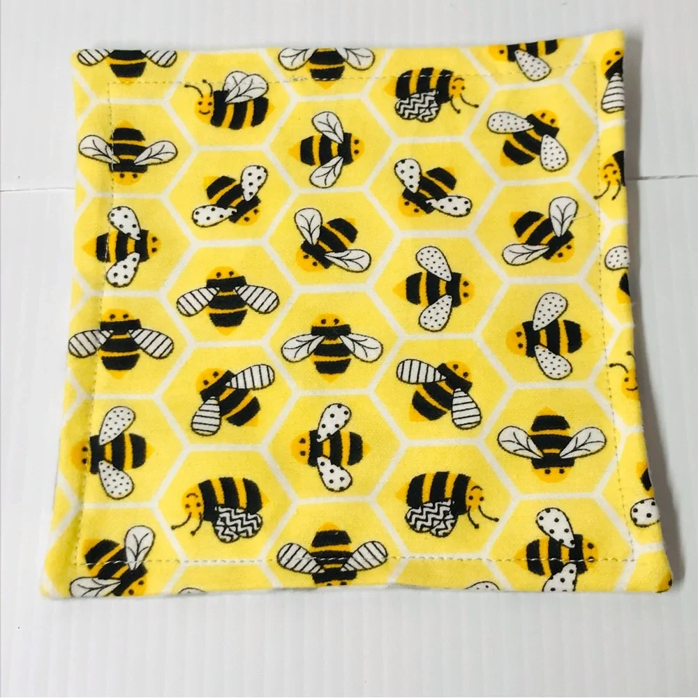 Reusable Set of Four 6” Honey Bee Flannel Wash Cloths / Wipes / Makeup Remover